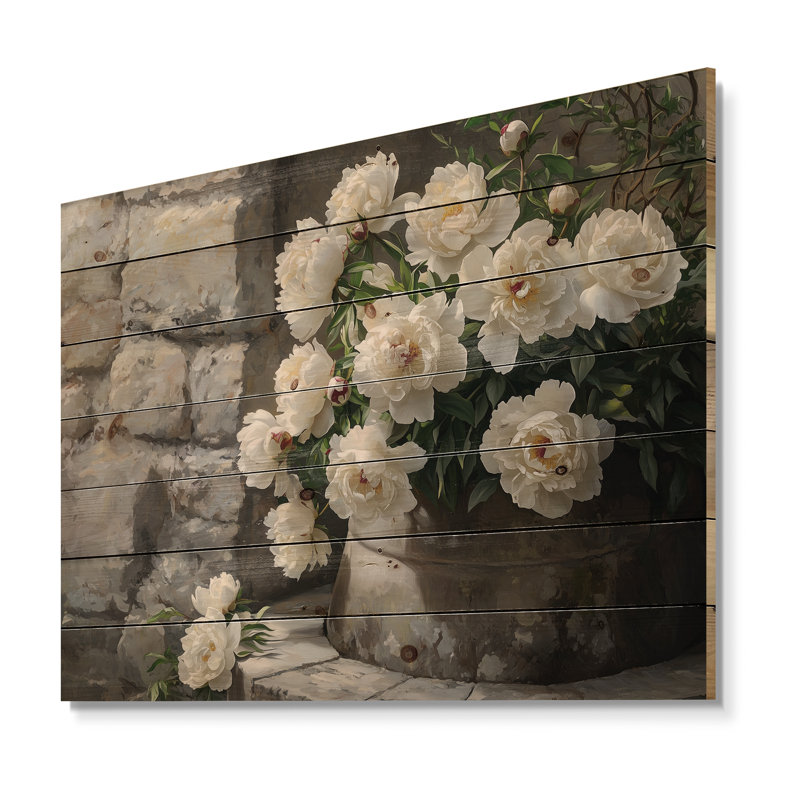 Peonies Near The Farm Well II - Peonies Wood Wall Decor - On Natural Pine Wood, 10" H x 20" W x 0.78" D