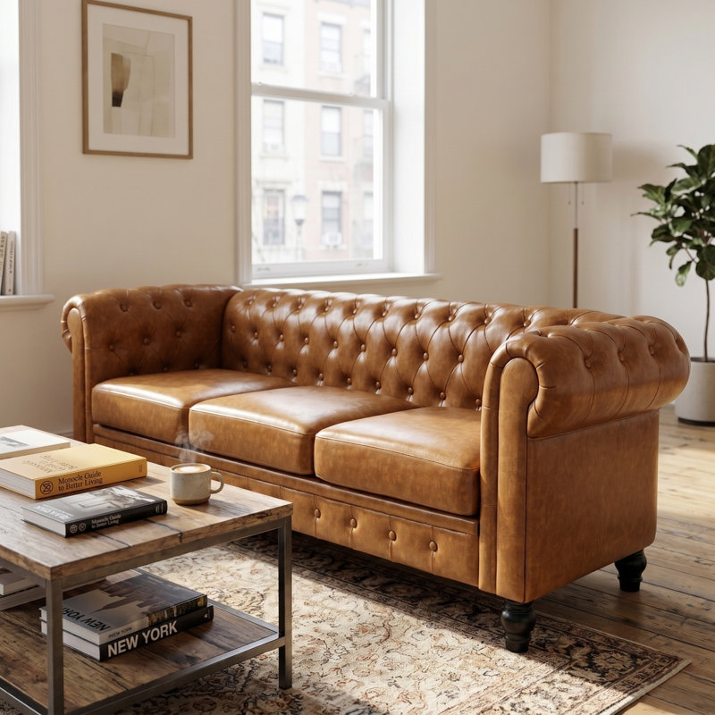 Canapé Chesterfield 3 places en PU, Marron clair