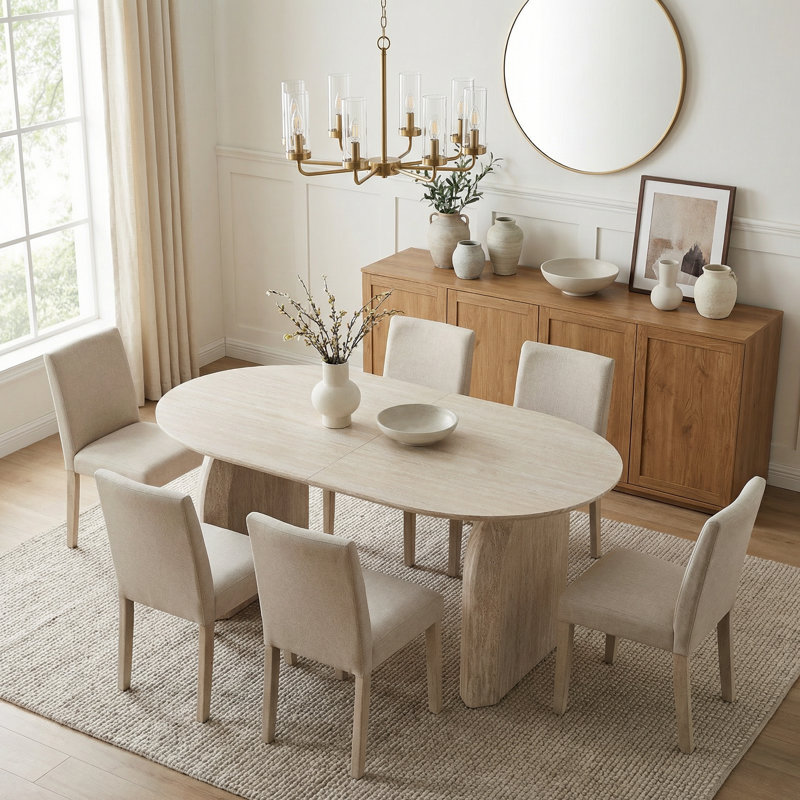 Table de salle à manger moderne extensible en bois ovale avec base à deux piliers, conception peu encombrante pour une utilisation polyvalente dans le salon ou la salle à manger