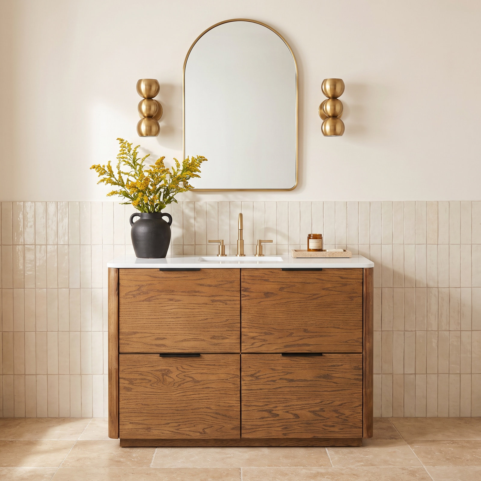 Tahani 48" Genuine Marble Single Bathroom Vanity, Medium Oak