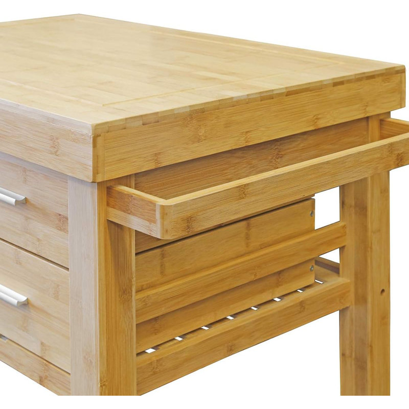 Rolling Kitchen Island Cart with Drawers Shelves, Towel Rack, Locking Casters, Butcher Block Food Prepping Cart Trolley on Wheels, Bamboo Wood