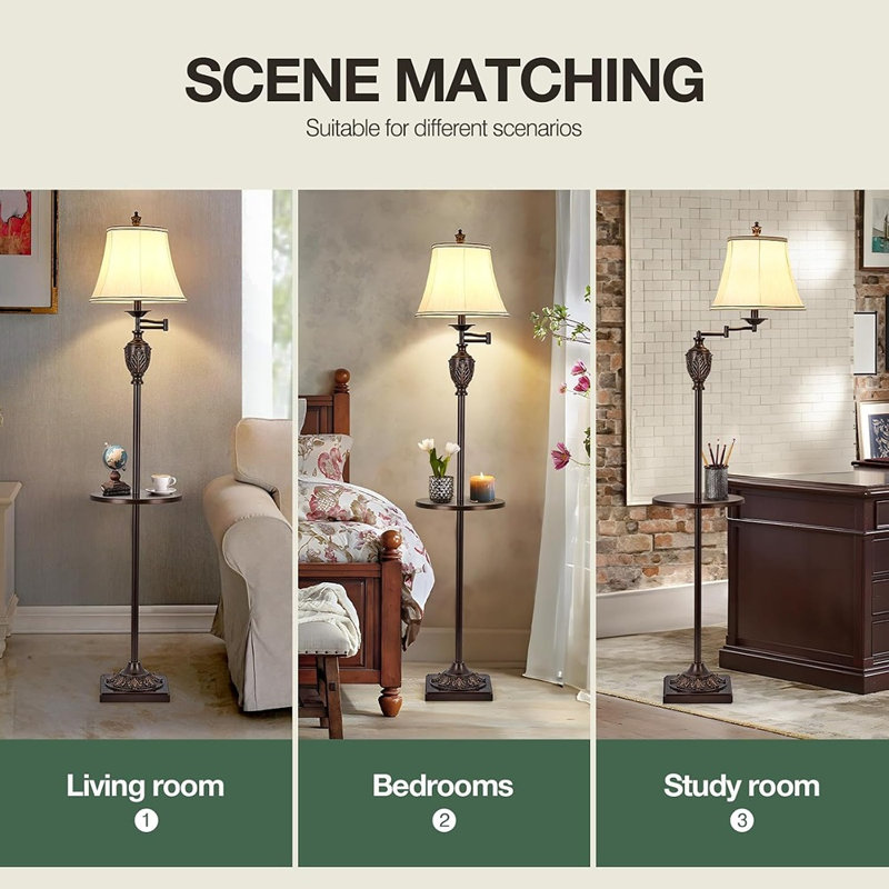 Lampe sur pied avec plateau, lampe sur pied à intensité variable avec télécommande, bras pivotant à 350°, brun, pour salon et chambre