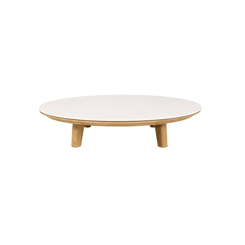 Outdoor Round Teak Coffee Table, Travertine Look
