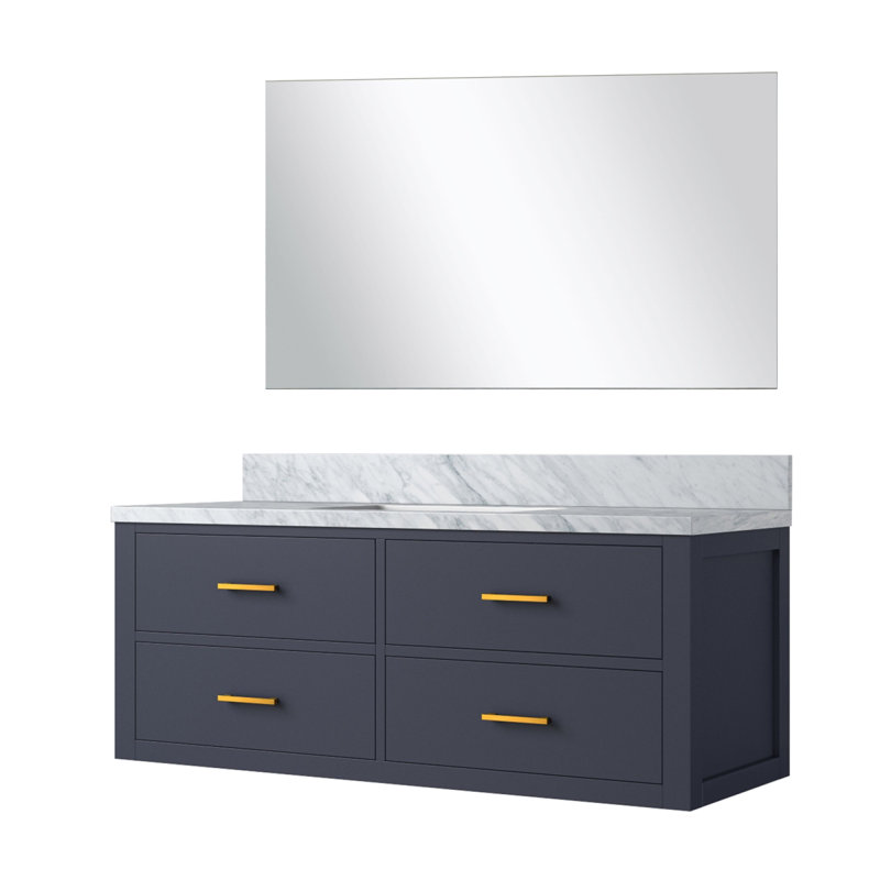 Meuble-lavabo simple bleu l 48 po x P 22 po, comptoir en marbre de Carrare et miroir 43 po