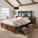 Farmhouse Bed Frame with Bookcase Headboard, 2 Detachable Racks, 4 Drawers & RGB LED