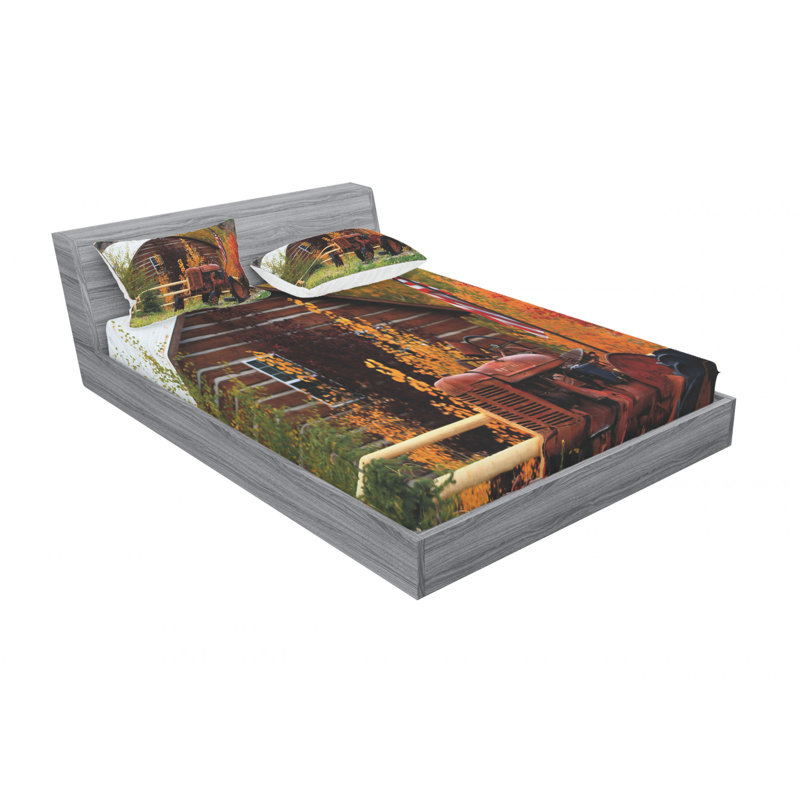 Ensemble de draps Rustic Cabin with Rusty Tractor, Ensemble de draps pour lit double avec un drap-hou
