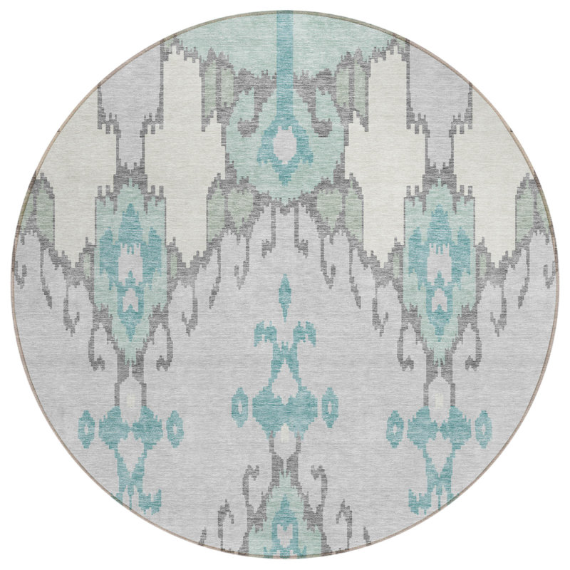 Tapis d'intérieur rond lavable en ikat bleu 8 '