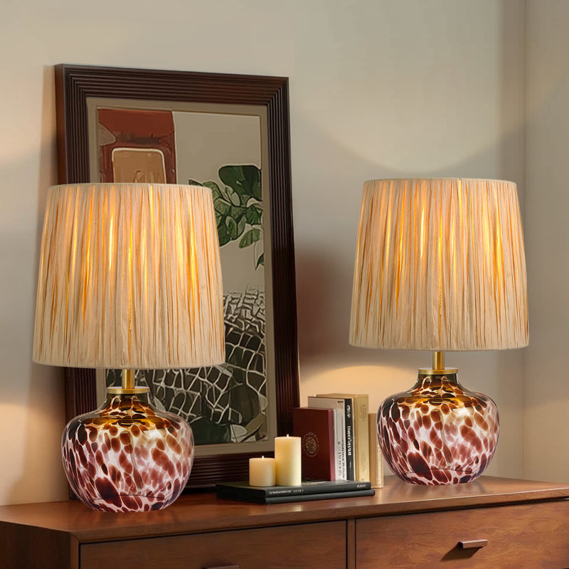 15'' Handcrafted Leopard-Print Glass Table Lamp Set with Raffia Shade