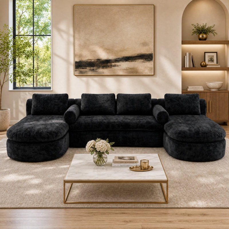 Canapé d'angle en forme de U de 157,5 po de largeur, recouvert de tissu, avec double méridienne, coussins cylindriques et oreillers.