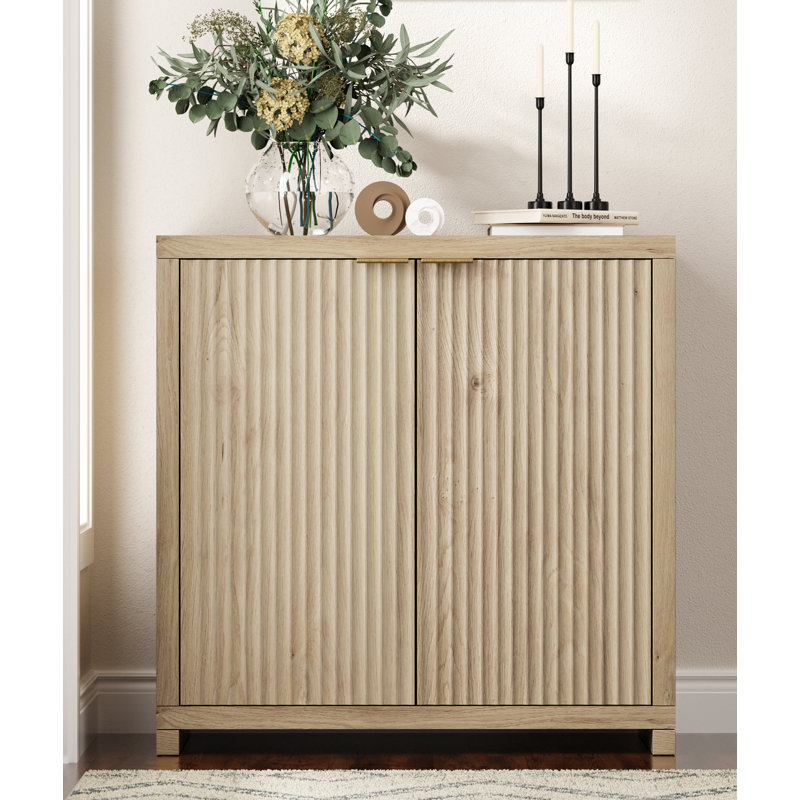 Fluted Storage Cabinet With Doors, Sideboard Buffet Cabinet With Storage, Modern Credenza For Kitchen, Entryway, Dining Room, Living Room, Oak 