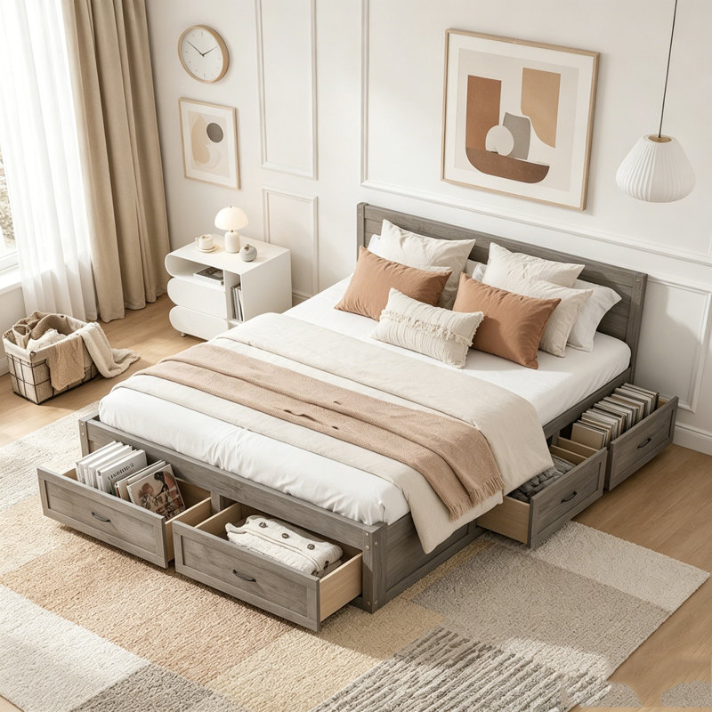 Lit plateforme avec 6 tiroirs de rangement, Grand lit, Gris antique