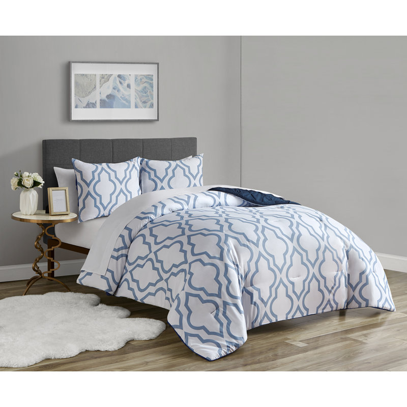 Polyester Percale Geometric Shapes Comforter, Full/Double Comforter + 2 Standard Shams, Navy