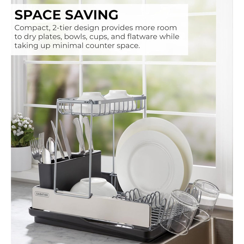 Utensil Caddy Compact Dish Drying Rack  With Second Tier, Rust Resistant Wires And Angled Drain Board To Dry Plates, Bowls, Cups And Flatware,Silver And Black,16.8In D X 13In W X 14.2In H