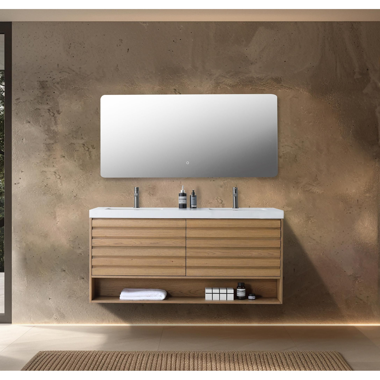 Maumelle 60" Cedar Double Bathroom Vanity, White, Pecan Oak