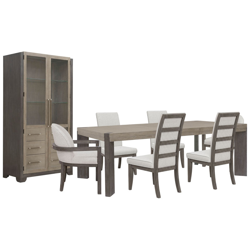 Table de salle à manger à pieds Inzillo avec 4 chaises d'appoint rembourrées, 2 chaises d'hôte et un vaisselier