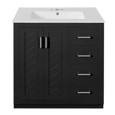 Ensemble de meuble-lavabo 30 po avec lavabo en céramique, armoire de rangement en bois massif, ensemble de meuble-lavabo autoportant avec 3 tiroirs et portes à fermeture douce