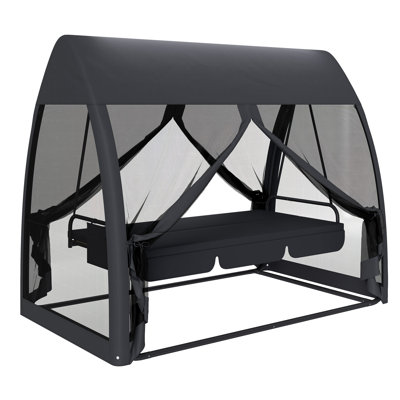 Balancelle de patio à 3 places, lit de balancelle avec dossier convertible, coussin, auvent, poche latérale et filet en filet pour la cour de jardin, gris