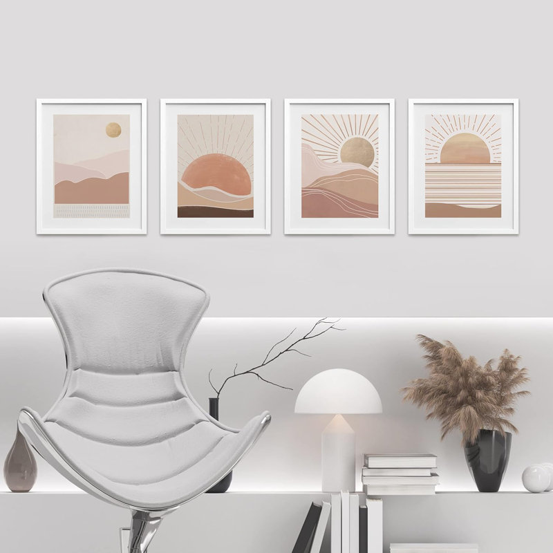 Ensemble de 4 décorations murales encadrées sur papier Mid-Century, H 14 po x l 11 po x P 1 po, Blanc