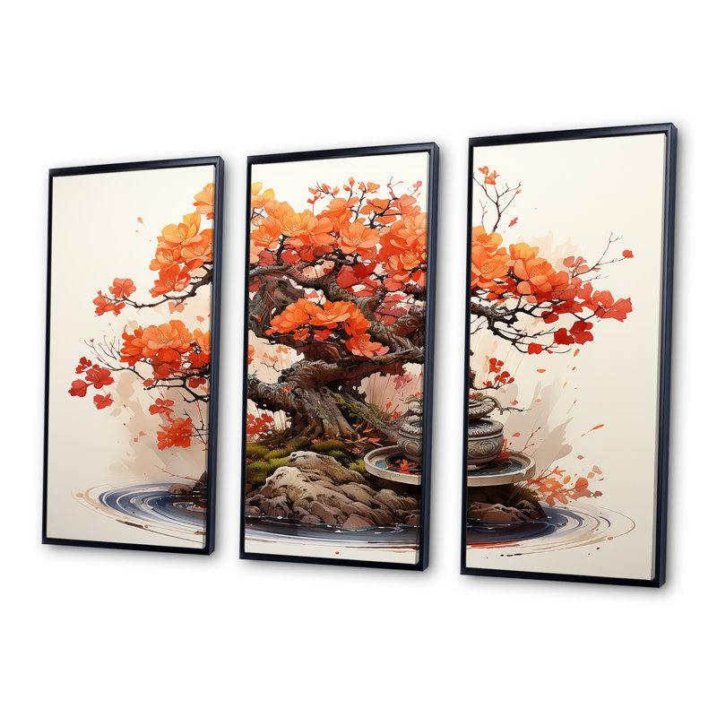 Autumnal Bonsai Charm II - Art mural arbre bonsaï, H 28 po x l 36 po x P 1 po, Cadre flottant noir