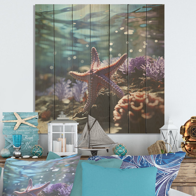 Beachside Coral Starfish Photo IV - Beach On Wood Print, 15" H x 15" W