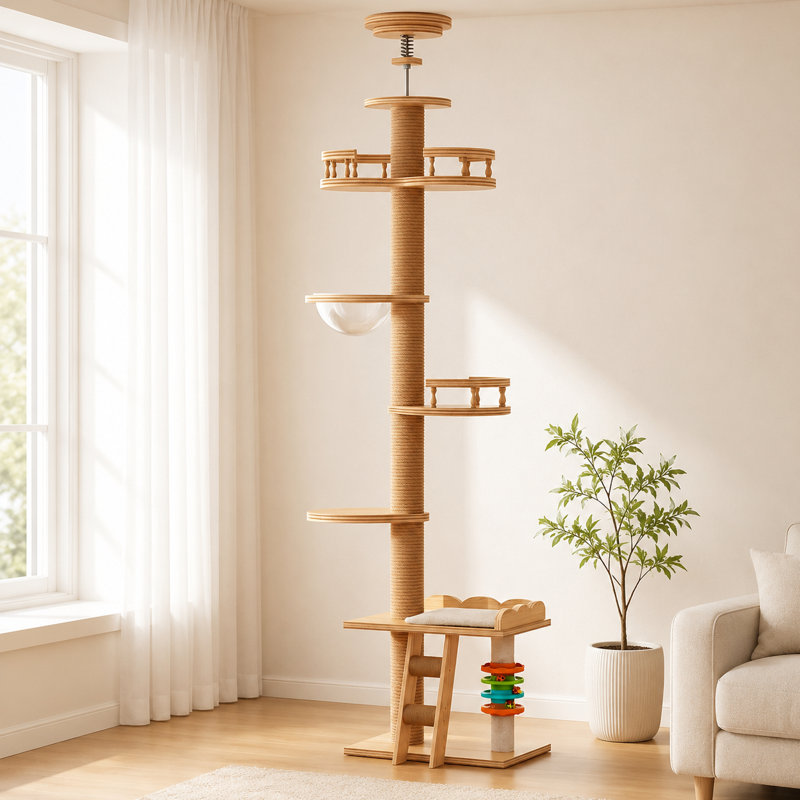 Arbre à chat à hauteur réglable du sol au plafond avec poteau à griffer en sisal, perchoir à fenêtre, échelle et boules de jeu rotatives pour chats d'intérieur
