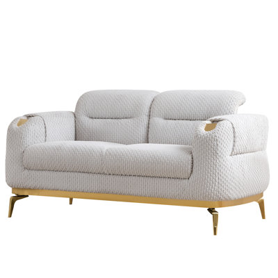Gris contemporain, structure en bois et décorations dorées, revêtement doux, structure moderne compacte avec soutien lombaire avec accents, dossier ergonomique en chenille découpée