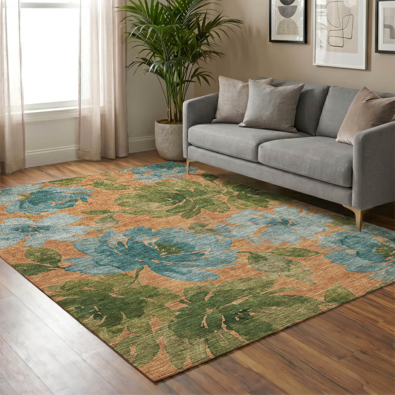 Tapis floral intérieur / extérieur lavable à la machine Chantille ACN3014, Terra Cotta, 8 pi x 10 pi