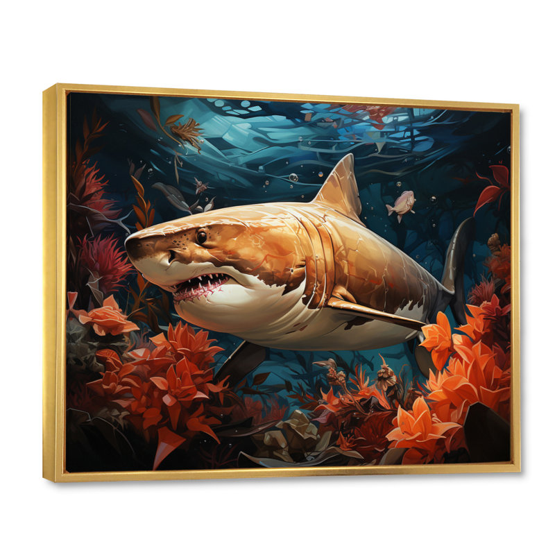 " Grey Orange Shark Underwater Symphony ", Gold Floater Framed, 30" H x 40" W