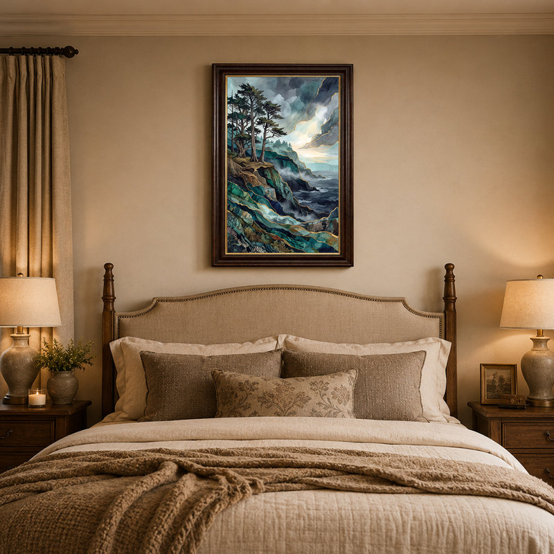 «Pine Trees on Layered Cliff with Gold Foil Lines», art mural sur toile, 24"H x 16"W