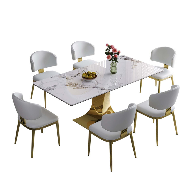 Table de salle à manger rectangulaire de 71 po pour 6 personnes, table de cuisine moderne avec base en sablier élégante, grande table de salle à manger (+) avec 6 chaises en cuir