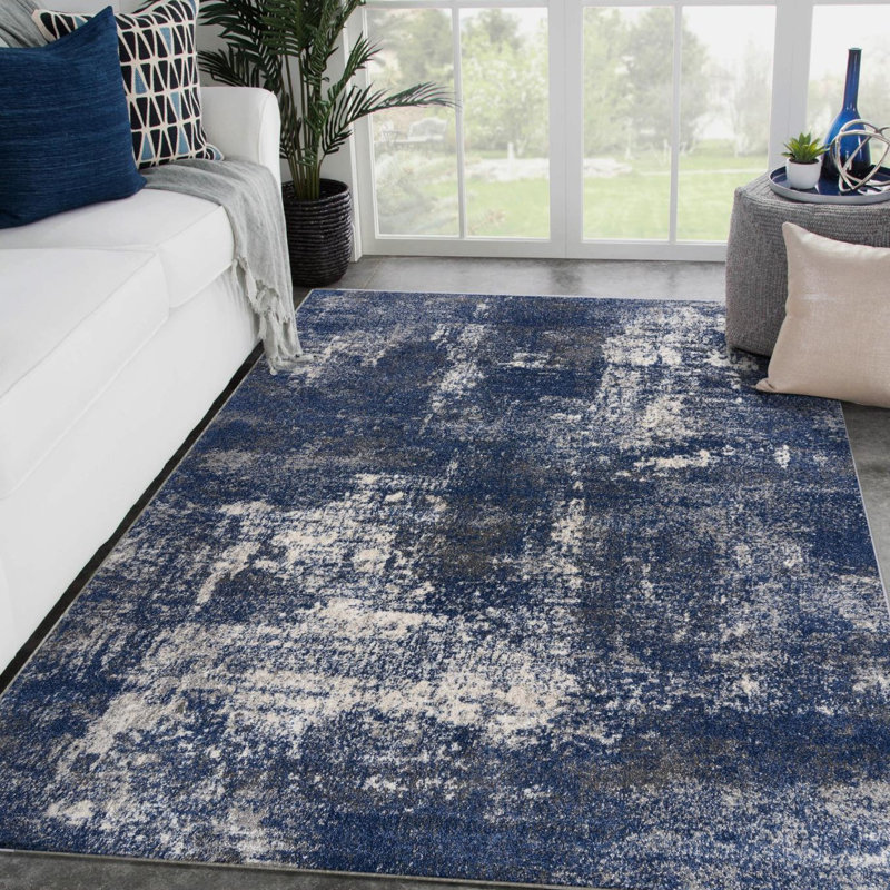 Blue and Beige Abstract 5' x 7' Synthetic Area Rug