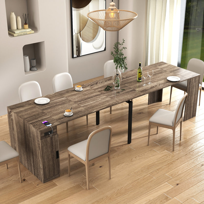 118''-23.62'' Multifunctional Extendable Dining Table With Outlet, Space Saving Kitchen Table With 5 Extension Panels, Brown