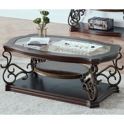 Table basse moderne 52 po avec plateau en verre, plateau en panneau de fibres à densité moyenne et pieds en métal thermolaqué pour le salon