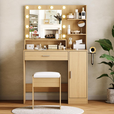 Modern Vanity Desk with HD Mirror, 10 LED Lights & Power Outlet – Makeup Dressing Table with Stool for Bedroom