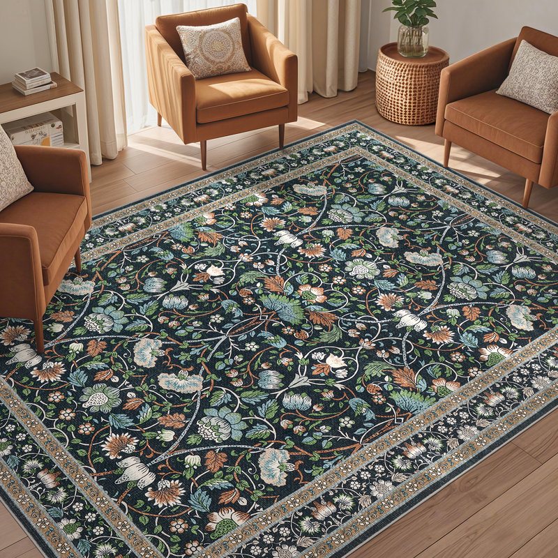 Tapis floral antidérapant lavable à l'intérieur, Rectangle 7 pi x 9 pi