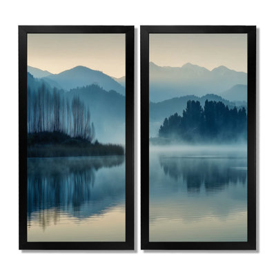 «Blue Serene Lake At Dawn With First Light», art sur toile, art mural bleu paysage 2 pièces