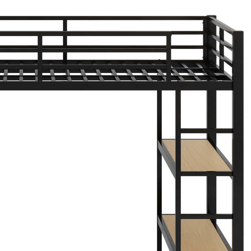 Structure de lit mezzanine avec garde-robe, lit mezzanine en métal avec tablettes de rangement et panneau perforé, Double