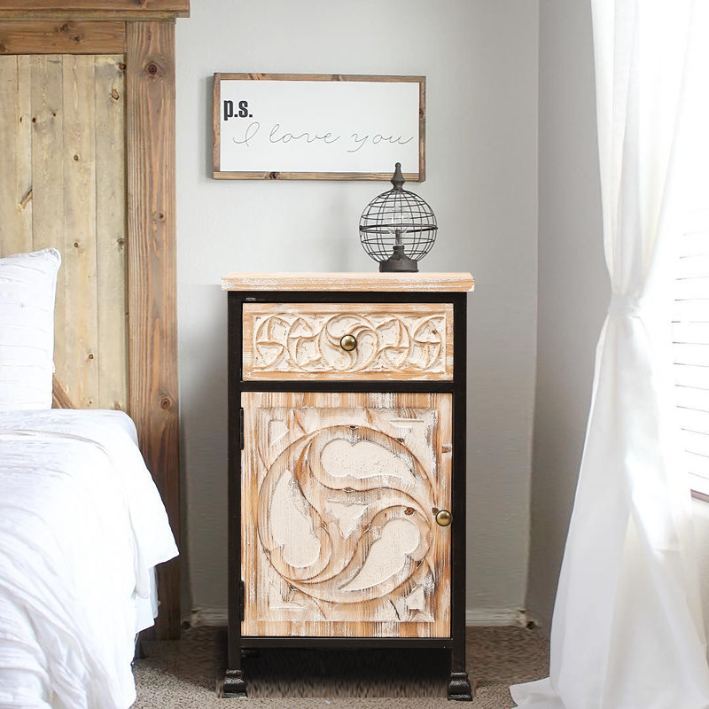 25.9'' Farmhouse Nightstand with Drawer and Cabinet, Rustic Wood Accent Side Table with Carved Door Panel