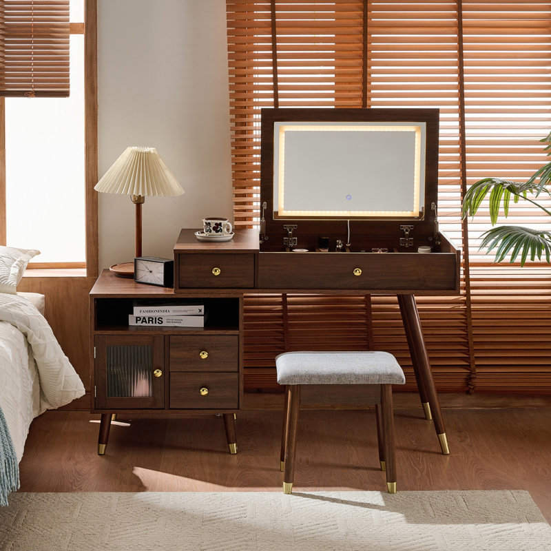 Bureau de coiffeuse 3 en 1 avec miroir basculant éclairé et armoire réglable, coiffeuse à maquillage avec tabouret, Noyer