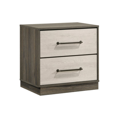 Table de chevet contemporaine en chêne gris avec piètement suspendu, poignées en nickel antique, configuration, tiroirs spacieux pour un rangement optimal dans la chambre, finition bicolore, piètement bicolore, tiroir lisse.