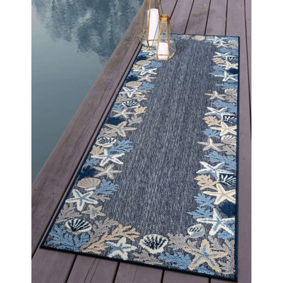 Coastal Border Navy/Ivory Indoor/Outdoor High-Low Area Rug