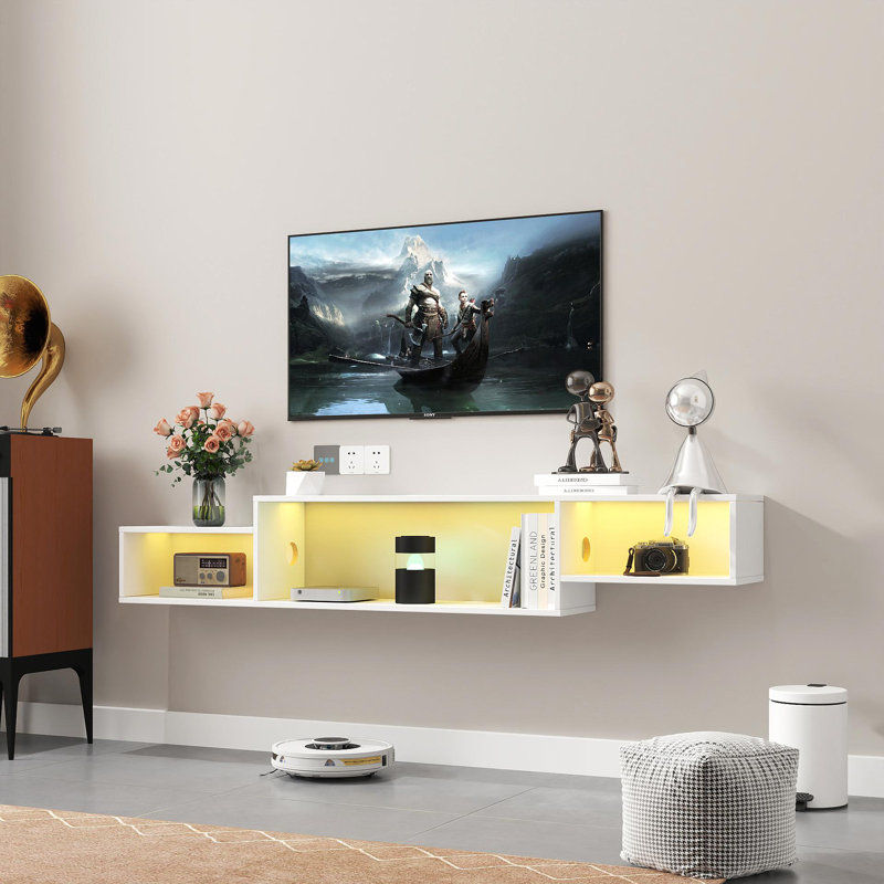 65.35In Wall Mounted Floating  TV Stand With 20 Color Leds And Charging Station, White