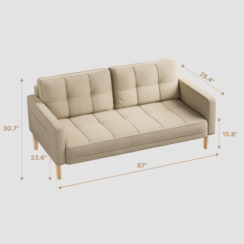 Canapé rembourré en mélange de lin de 69 po de largeur avec accoudoirs et pieds en bois robustes, 100 % lin beige
