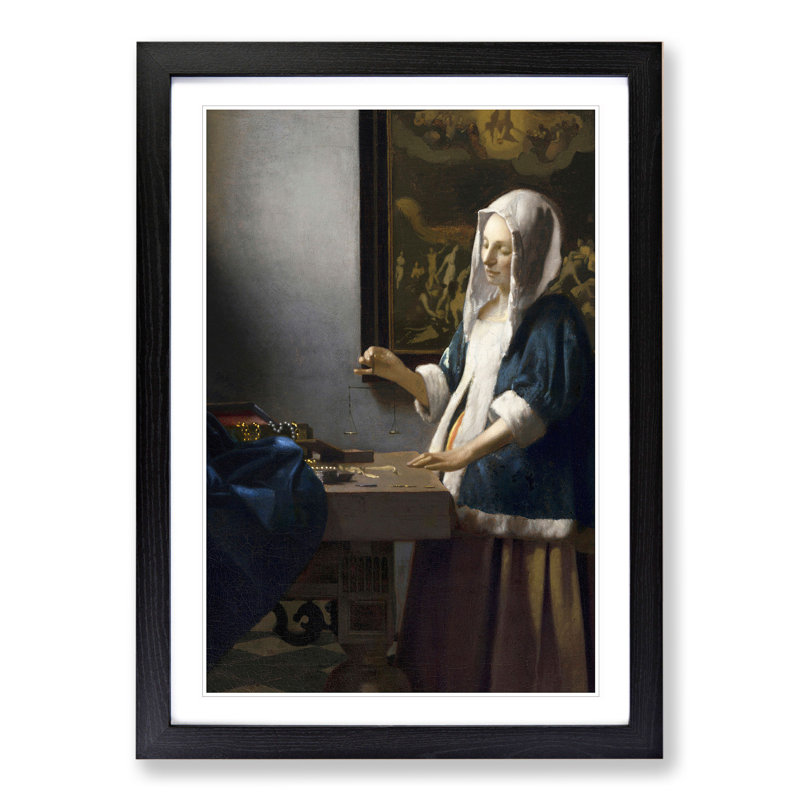 Woman Holding a Balance by Johannes Vermeer - Picture Frame Painting, 36cm H x 27cm W x 2cm D, Black Framed