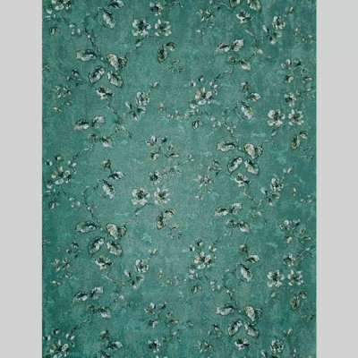 Teal Green Gold Distressed Fish Scale Plaster Textured Floral Branches Wallpaper