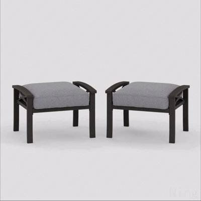 Set Of 2 All-Weather 26” Width Metal Ottomans, Khaki Frame With Gray Cushions