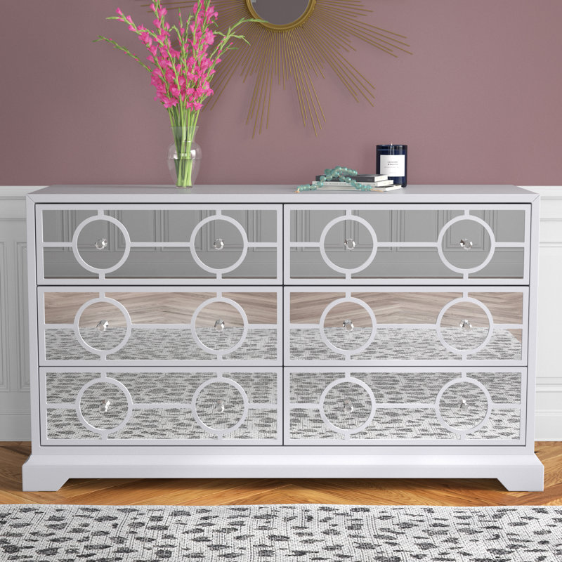 Commode 6 tiroirs avec façades en miroir Alaric, Blanc