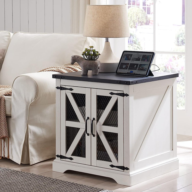 Table de bout de style campagnard carré H 25 po x l 24 po avec station de charge, tablette de rangement réglable et portes de grange