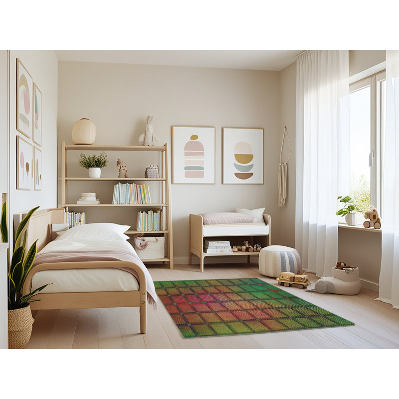 Tapis vert/rose à motifs, Rectangle 4 pi x 6 pi