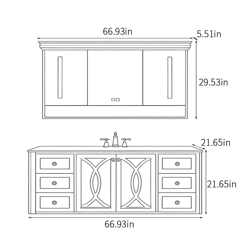 Armoire de salle de bain rétro, H 21,65 po x l 66,93 po x P 21,65 po